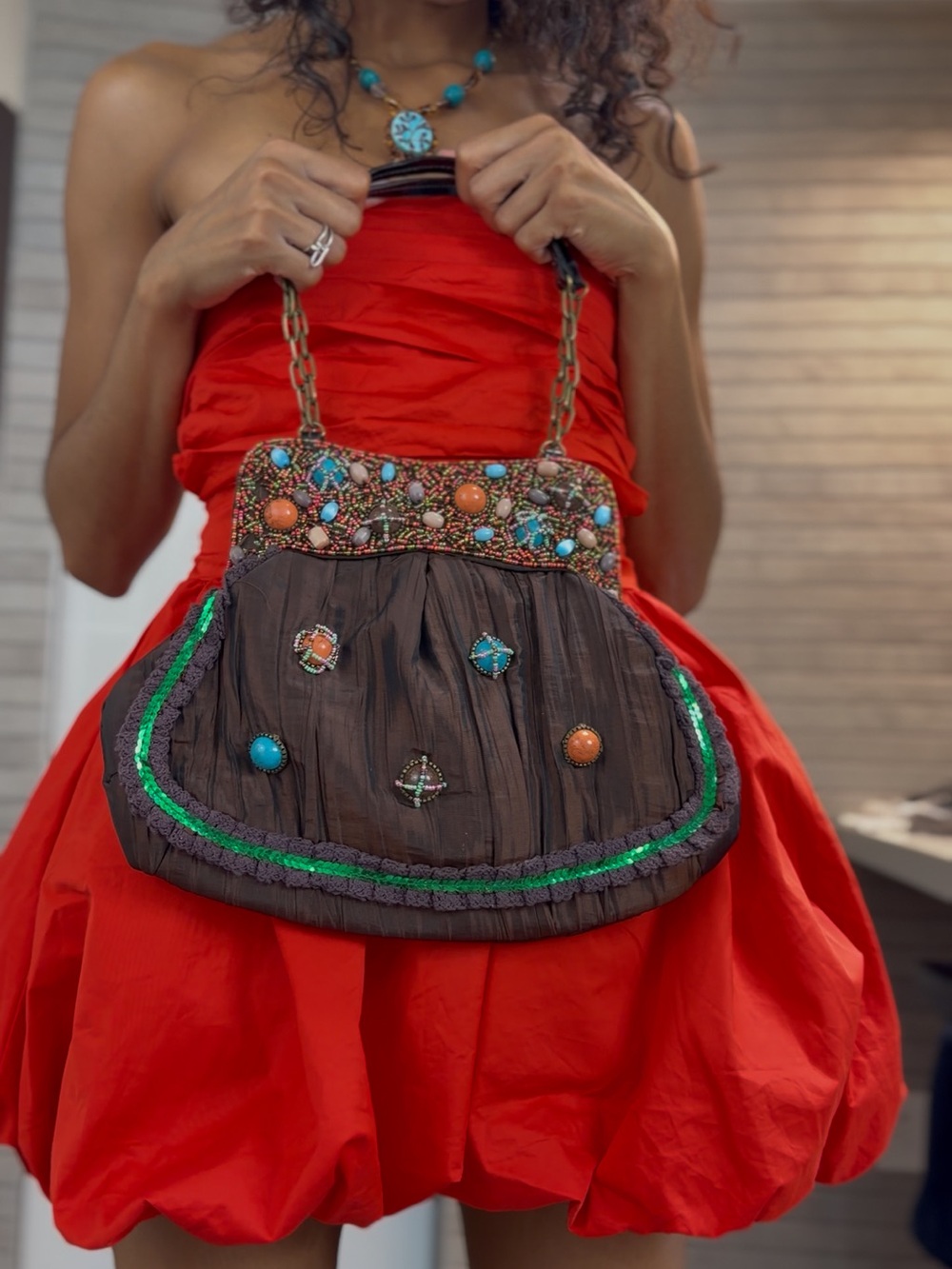 Beaded Boho Embellished Brown Shoulder Bag with Turquoise & Coral Accents